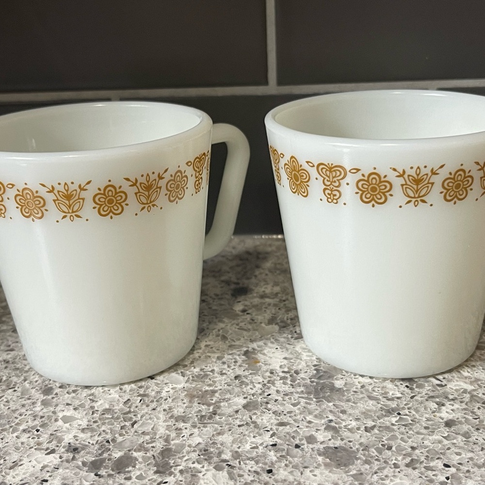 Vintage Pyrex Mugs with Gold Floral Butterfly Pattern